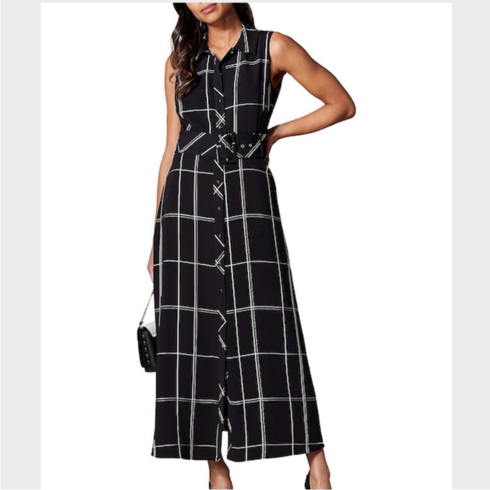 Karen Millen Black Maxi Shirt Dress with White Windowpane Check